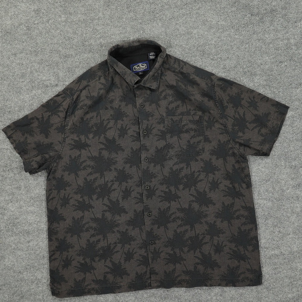 Nat Nast Shirt Mens XL Black Gray Hawaiian Palm Tree Silk Cotton Blend Button Up